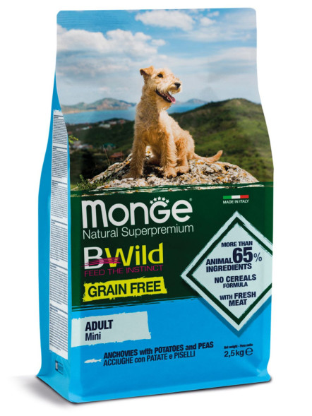 Monge Dog BWild Grain Free Mini сухой беззерновой корм для взрослых собак мелких пород с анчоусом и картофелем 2,5кг