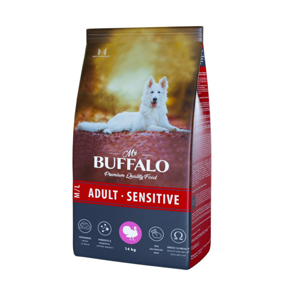 Mr.Buffalo Adult M/L Sensitive полнорационный сухой корм для взрослых собак всех пород с чувствительным пищеварением, с индейкой - 14 кг