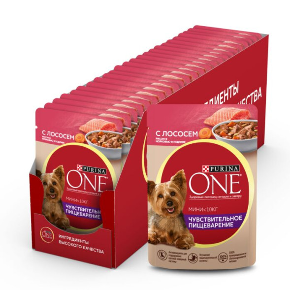 Влажный корм для собак Purina ONE Мини Чувствительное пищеварение для мелких пород с лососем, рисом и морковью в подливе 85 г x 26 шт