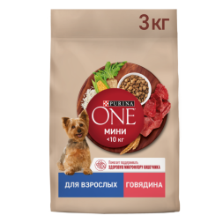 Сухой корм Purina ONE® МИНИ для взрослых собак мелких пород с говядиной и с рисом, 3 кг