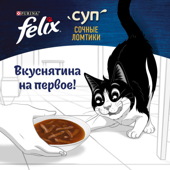 Felix неполнорационный влажный корм для взрослых кошек, суп с сочными ломтиками ягненка, в паучах - 48 г х 36 шт