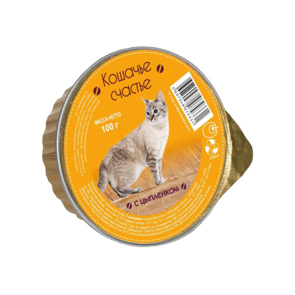 Кошачье счастье влажный корм для кошек с цыплёнком, в ламистерах - 100 г х 20 шт