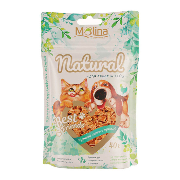 Molina Best Friends лакомство для кошек и собак Куриные чипсы с треской - 40 г