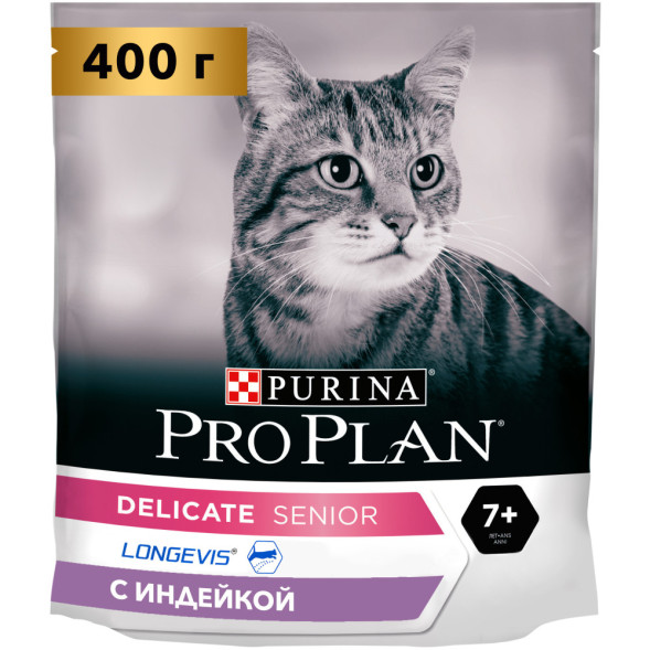 Purina Pro Plan Delicate 7 + сухой корм для пожилых кошек старше 7 лет с чувствительным пищеварением с индейкой - 400 г