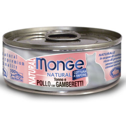 Monge Cat Natural влажный корм для взрослых кошек с тунцом, курицей и креветками в консервах 80 г (24 шт в уп)