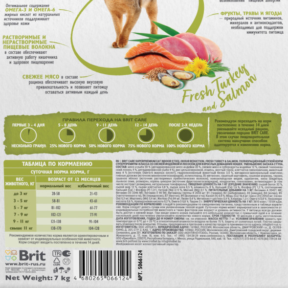 Brit Care Cat Indoor Stool Odour Reduction сухой корм для взрослых кошек домашнего содержания, с индейкой и лососем - 7 кг