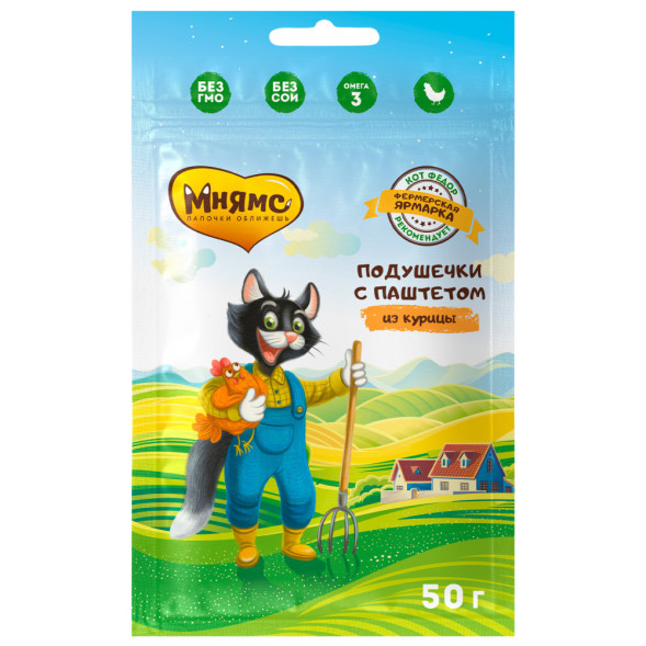 Мнямс Кот Федор Фермерская Ярмарка лакомство для кошек хрустящие подушечки с паштетом из курицы - 50 г