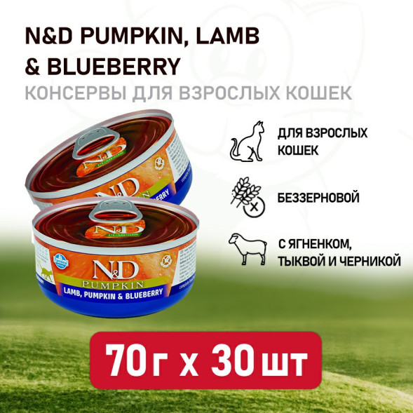 Farmina N&amp;amp;D Cat Lamb, Pumpkin &amp;amp; Blueberry влажный беззерновой корм для взрослых кошек с тыквой, ягненком и черникой - 70 г х 30 шт