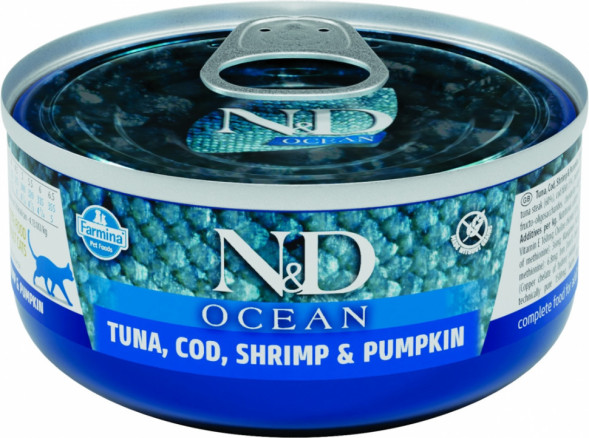 Farmina N&amp;amp;D Cat Ocean Tuna, Cod, Shrimp &amp;amp; Pumpkin влажный корм для взрослых кошек с тунцом, треской, креветками и тыквой - 70 г х 30 шт