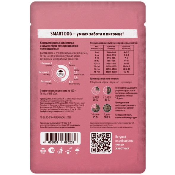 Smart Dog паучи для взрослых собак мелких и средних пород с ягненком кусочки в соусе - 85 г х 25 шт