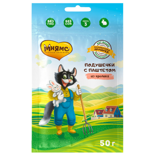 Мнямс Кот Федор Фермерская Ярмарка лакомство для кошек хрустящие подушечки с паштетом из кролика - 50 г