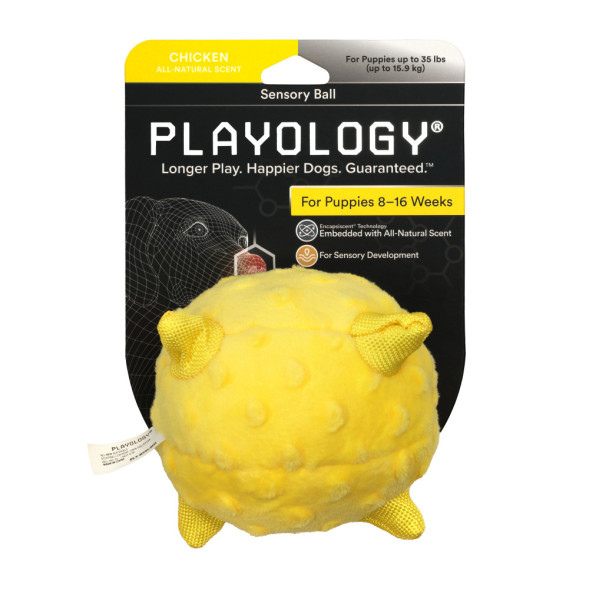 Playology PUPPY SENSORY BALL сенсорный плюшевый мяч для щенков с ароматом курицы, 11 см, желтый