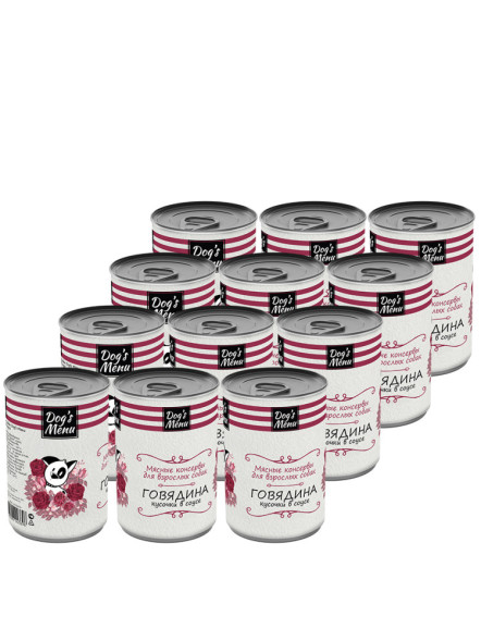 Dog`s Menu влажный корм для взрослых собак с говядиной кусочки в соусе в консервах - 340 г х 12 шт