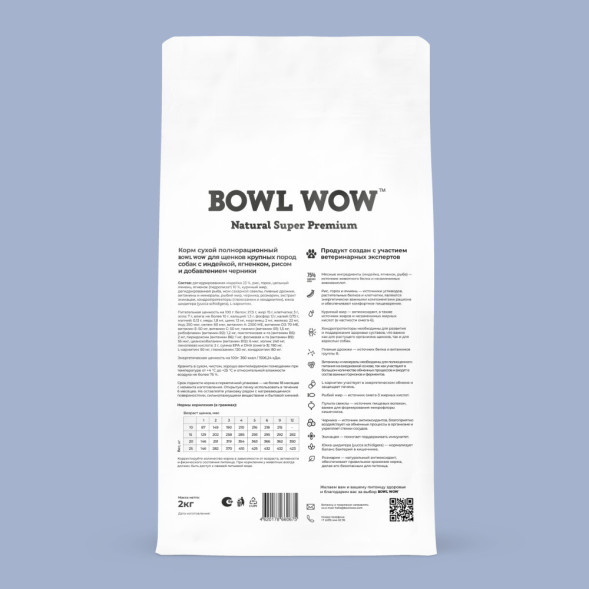 BOWL WOW сухой корм для щенков крупных пород с индейкой, ягненком, рисом и черникой - 2 кг