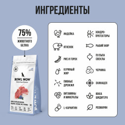 BOWL WOW сухой корм для щенков крупных пород с индейкой, ягненком, рисом и черникой - 2 кг