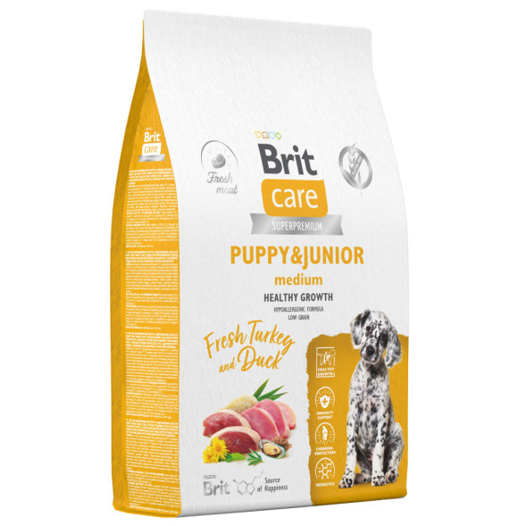 Brit Care Dog Puppy&amp;amp;Junior M Healthy Growth сухой корм для щенков средних пород, с индейкой и уткой - 12 кг