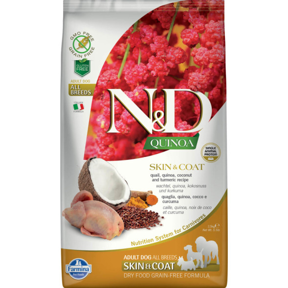 Farmina N&amp;amp;D Quinoa Dog Grain Free Skin &amp;amp; Coat Quail сухой беззерновой корм для взрослых собак для кожи и шерсти с перепелом и киноа - 2,5 кг