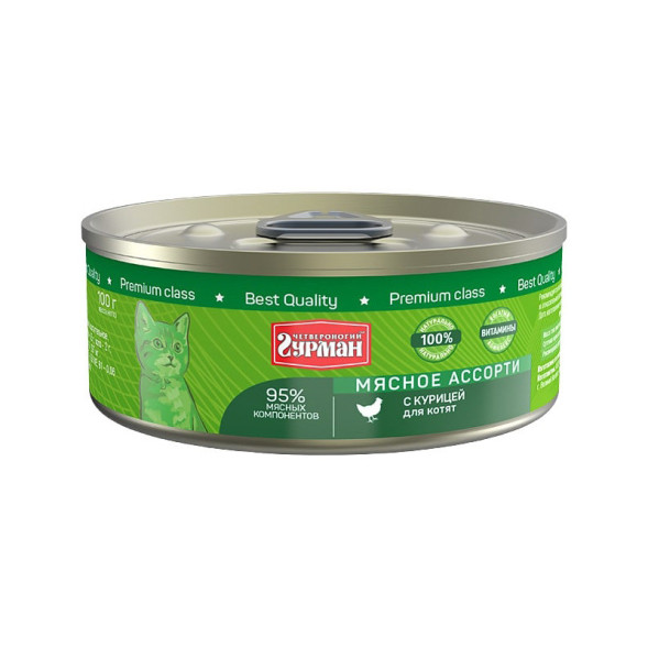Четвероногий Гурман Мясное ассорти с курицей консервированный корм для котят - 100 г (24 шт)