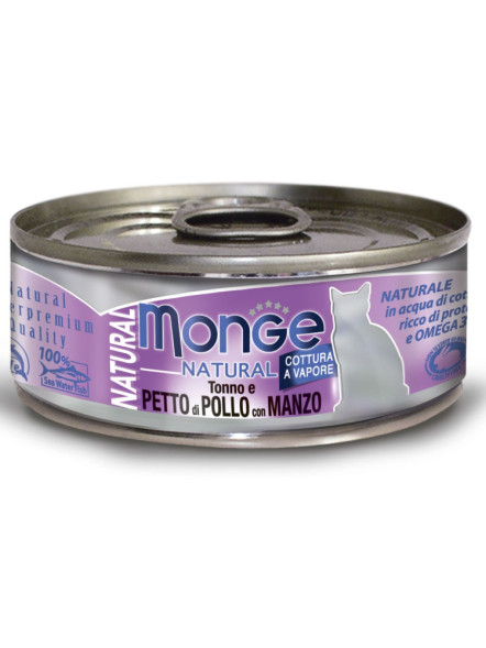Monge Cat Natural влажный корм для взрослых кошек с тунцом, курицей и говядиной в консервах 80 г (24 шт в уп)