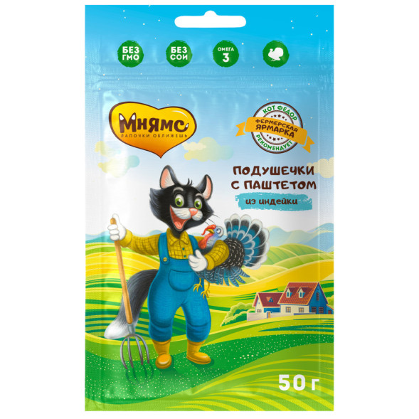 Мнямс Кот Федор Фермерская Ярмарка лакомство для кошек хрустящие подушечки с паштетом из индейки - 50 г