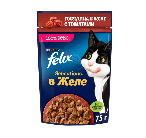 Felix Sensations влажный корм для кошек с говядиной и томатами в желе, в паучах - 75 г х 26 шт