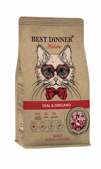 Best Dinner Holistic Hypoallergenic Adult Cat Veal &amp;amp; Oregano сухой гипоаллергенный корм для взрослых кошек с проблемами пищеварения с телятиной и орегано - 1,5 кг