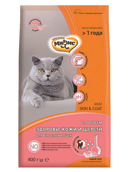Мнямс Skin &amp;amp; Coat сухой корм для взрослых кошек для кожи и шерсти с лососем - 400 г