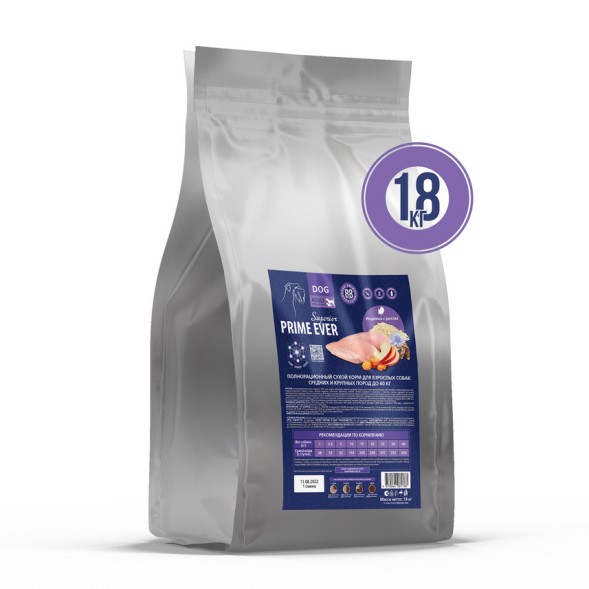 Prime Ever Superior Adult Medium &amp;amp; Maxi сухой корм для собак до 40 кг с индейкой и рисом - 18 кг