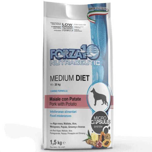 Forza10 Medium Diet Low Grain полнорационный диетический корм для взрослых собак средних пород из свинины, картофеля и риса с микрокапсулами - 12 кг