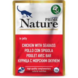 PRIME NATURE корм влажный для взрослых кошек с курицей и морским окунем, в паучах, в желе - 100 г x 24 шт
