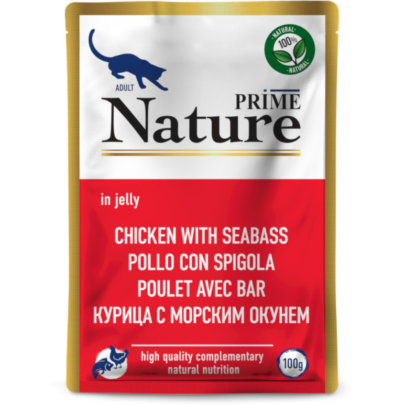 PRIME NATURE корм влажный для взрослых кошек с курицей и морским окунем, в паучах, в желе - 100 г x 24 шт