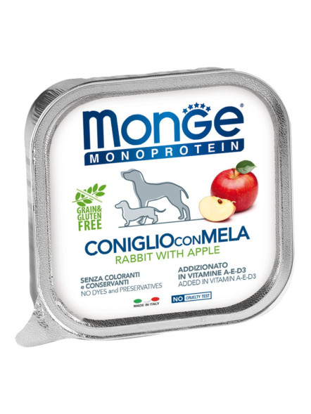 Monge Dog Monoprotein Fruits влажный корм для взрослых собак с кроликом, рисом и яблоками в ламистере 150 г (24 шт в уп)