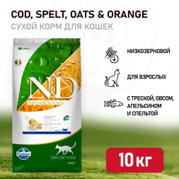 Farmina N&amp;amp;D Ocean Cat Godfish, Spelt, Oats &amp;amp; Orange Adult сухой низкозерновой корм для взрослых кошек с треской и апельсином - 10 кг