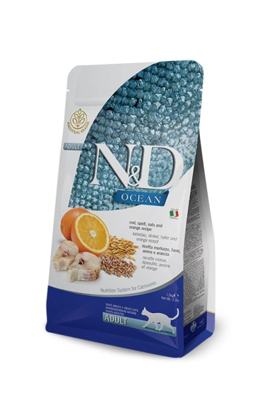 Farmina N&amp;amp;D Ocean Cat Godfish, Spelt, Oats &amp;amp; Orange Adult сухой низкозерновой корм для взрослых кошек с треской и апельсином - 10 кг