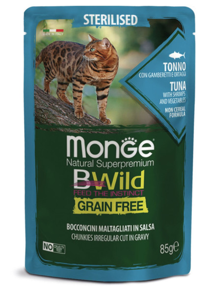 Monge Cat BWild Grain Free влажный беззерновой корм для стерилизованных кошек с тунцом, креветками и овощами в паучах 85 г (28 шт в уп)