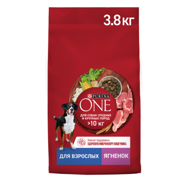 Сухой корм Purina ONE для взрослых собак средних и крупных пород с ягненком и рисом, 3,8 кг