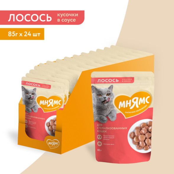 Мнямс влажный корм для стерилизованных кошек кусочки в соусе с лососем, в паучах - 85 г х 24 шт