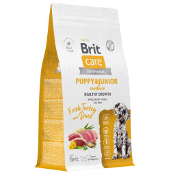Brit Care Dog Puppy&amp;amp;Junior M Healthy Growth сухой корм для щенков средних пород, с индейкой и уткой - 1,5 кг