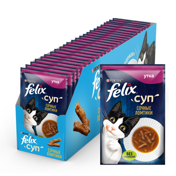 Felix неполнорационный влажный корм для взрослых кошек, суп с сочными ломтиками утки, в паучах - 48 г х 36 шт