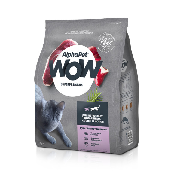 AlphaPet WOW Superpremium полнорационный сухой корм для взрослых кошек с уткой и потрошками - 7 кг