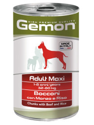 Gemon Dog Maxi влажный корм для взрослых собак крупных пород кусочки говядины с рисом в консервах 1,25 кг х 12 шт