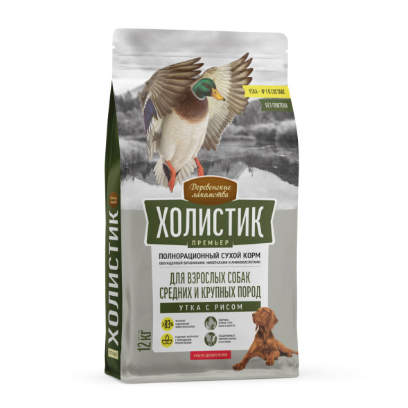 Деревенские лакомства Холистик Премьер сухой корм для взрослых собак средних и крупных пород с уткой и рисом - 12 кг