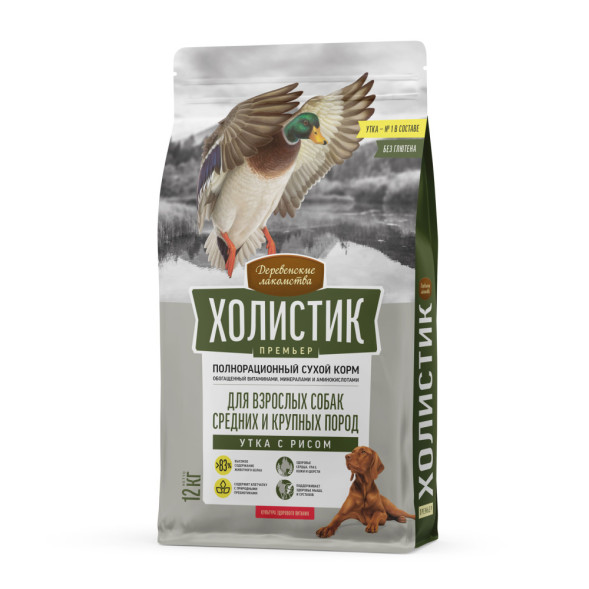 Деревенские лакомства Холистик Премьер сухой корм для взрослых собак средних и крупных пород с уткой и рисом - 12 кг