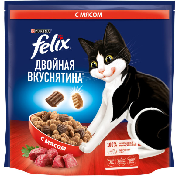 Felix Двойная вкуснятина сухой корм для взрослых кошек с мясом - 1,3 кг