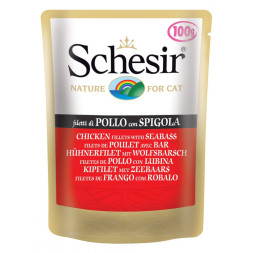Schesir Cat Adult влажный корм для взрослых кошек с цыпленком и окунем в паучах в желе - 100 г х 20 шт