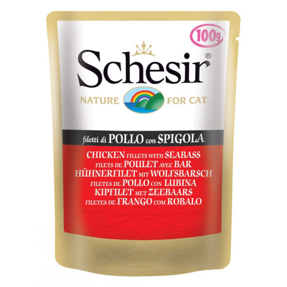 Schesir Cat Adult влажный корм для взрослых кошек с цыпленком и окунем в паучах в желе - 100 г х 20 шт