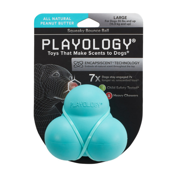 Playology SQUEAKY BOUNCE BALL хрустящий жевательный тройной мяч для собак с пищалкой и с ароматом арахиса, голубой