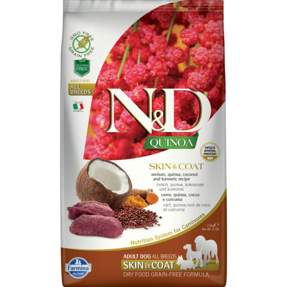 Farmina N&amp;amp;D Quinoa Dog Grain Free Skin &amp;amp; Coat сухой беззерновой корм для взрослых собак для кожи и шерсти с олениной и киноа - 2,5 кг