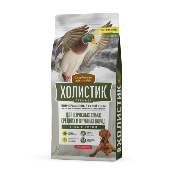 Деревенские лакомства Холистик Премьер сухой корм для взрослых собак средних и крупных пород с уткой и рисом - 2 кг