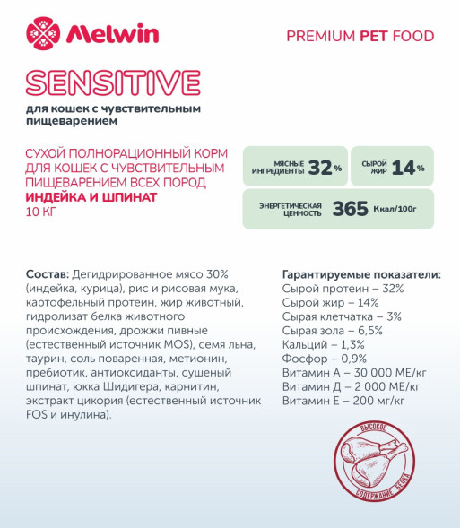 Melwin сухой корм для взрослых кошек с чувствительным пищеварением с индейкой и шпинатом - 10 кг